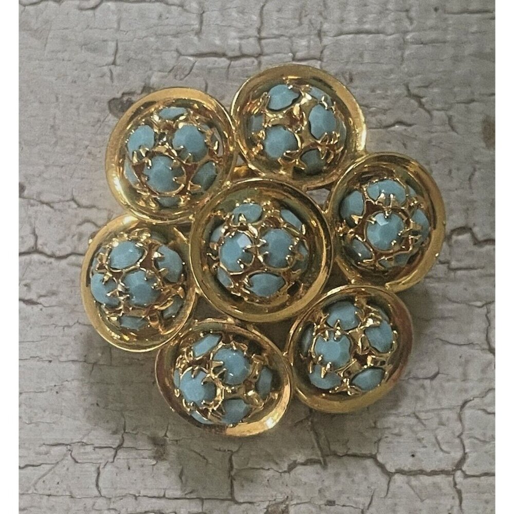 Vintage Gold-tone Blue Glass Stone Round Vintage Brooch Estate Jewelry